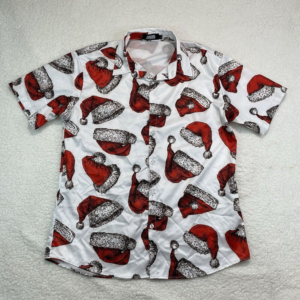 Jogal Mens Large Christmas Novelty Print Button Shirt Santa Hat Ugly Holiday